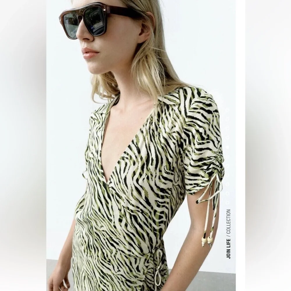 ZARA Animal Print Wrap Dress ECRU/KHAKI - Picture 4 of 13